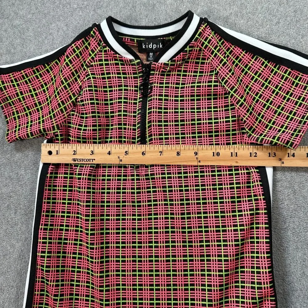 Kidpik Plaid Ruffle Hem Skater Dress Girl Medium 10 Pink Green Neon Short Sleeve
